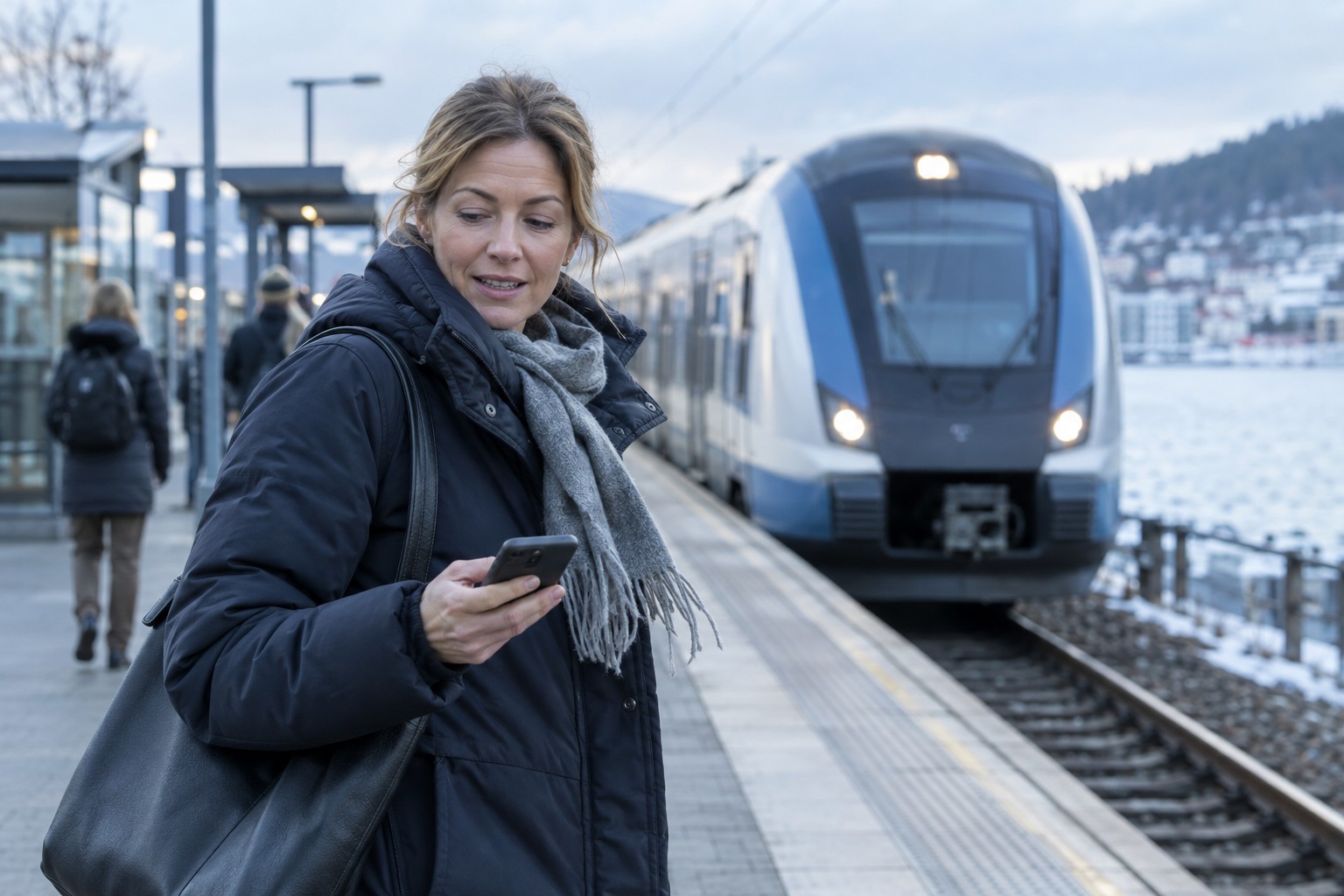 Kvinne på perrongen ser på telefonen før toget går